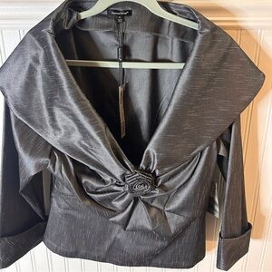 Samuel Dong Charcoal/Slate Satin Blouse with Floral Accent
